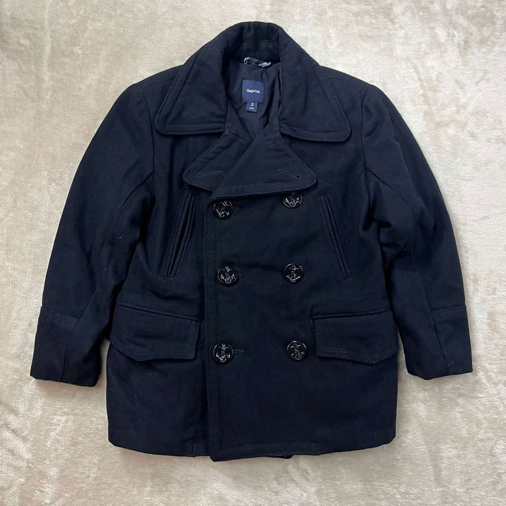 Gap Kids Boys Wool Blend Peacoat True Navy Blue Anchor Button Jacket Size M 8